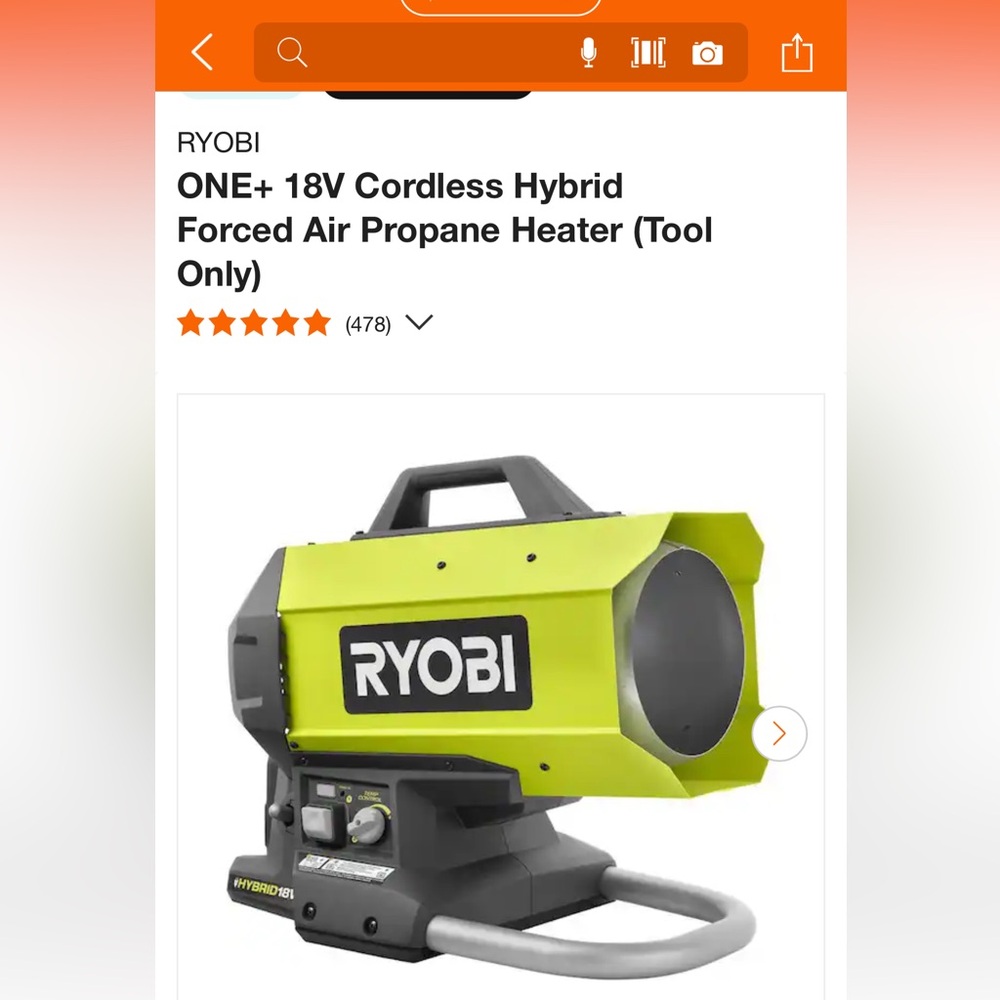 New. Never opened Ryobi 18v propane heater